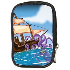 Pirate Ship Attacked By Giant Squid Cartoon  Compact Camera Leather Case by NickGreenaway