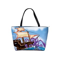 Pirate Ship Attacked By Giant Squid Cartoon  Large Shoulder Bag by NickGreenaway