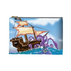 Pirate Ship Attacked By Giant Squid Cartoon  Cosmetic Bag (large)