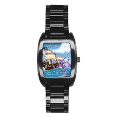 Pirate Ship Attacked By Giant Squid Cartoon  Stainless Steel Barrel Watch