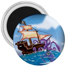 Pirate Ship Attacked By Giant Squid Cartoon  3  Button Magnet