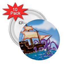 Pirate Ship Attacked By Giant Squid Cartoon  2 25  Button (10 Pack)