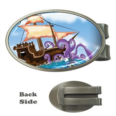 Pirate Ship Attacked By Giant Squid Cartoon  Money Clip (oval) by NickGreenaway