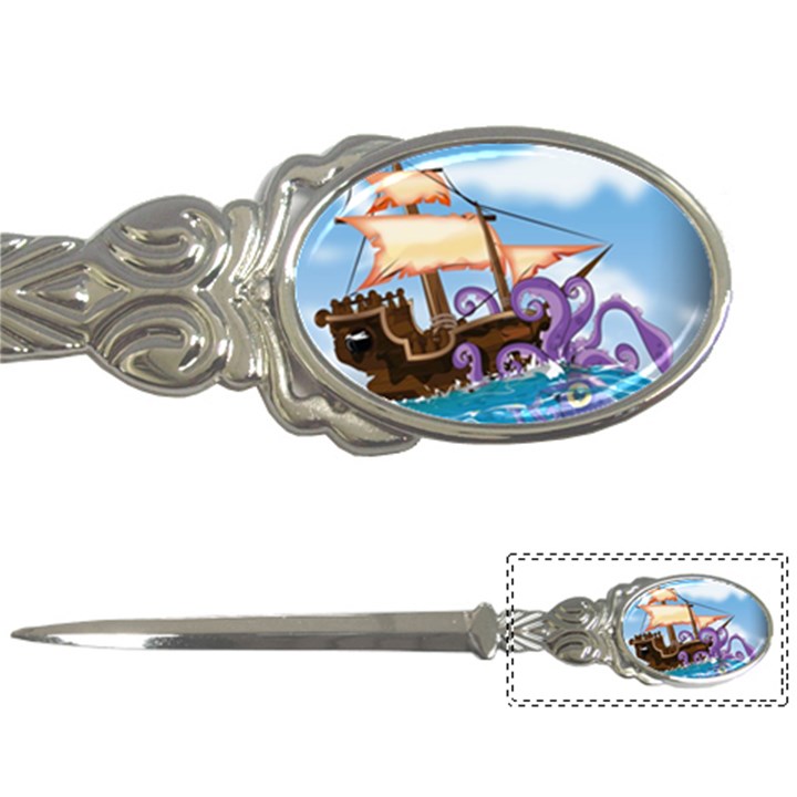 Pirate Ship Attacked By Giant Squid cartoon. Letter Opener