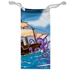 Pirate Ship Attacked By Giant Squid Cartoon  Jewelry Bag by NickGreenaway