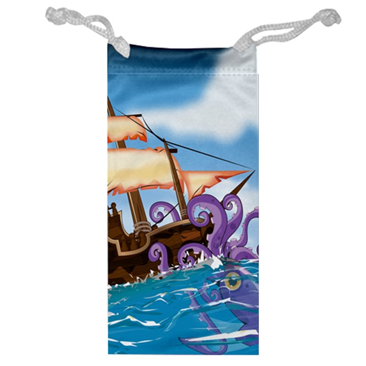 Pirate Ship Attacked By Giant Squid cartoon. Jewelry Bag