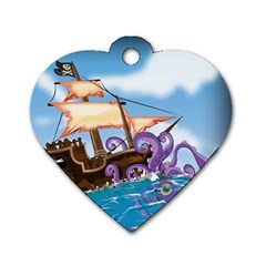 Pirate Ship Attacked By Giant Squid Cartoon  Dog Tag Heart (two Sided)