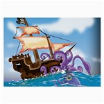 Pirate Ship Attacked By Giant Squid cartoon. Glasses Cloth (Large, Two Sided) Front