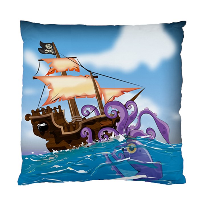 Pirate Ship Attacked By Giant Squid cartoon. Cushion Case (Single Sided) 