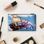 Pirate Ship Attacked By Giant Squid cartoon. Cosmetic Bag (Small) Back