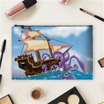 Pirate Ship Attacked By Giant Squid cartoon. Cosmetic Bag (Large) Front