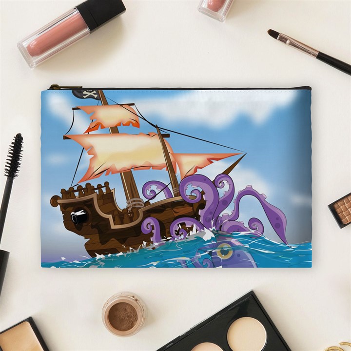 Pirate Ship Attacked By Giant Squid cartoon. Cosmetic Bag (Large)