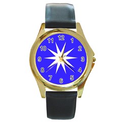 Deep Blue And White Star Round Leather Watch (gold Rim) 