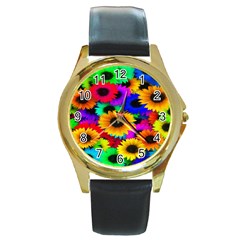 Colorful Sunflowers Round Leather Watch (gold Rim)  by StuffOrSomething