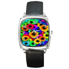 Colorful Sunflowers Square Leather Watch by StuffOrSomething