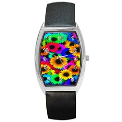 Colorful Sunflowers Tonneau Leather Watch