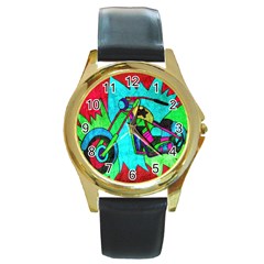 Chopper Round Leather Watch (gold Rim) 