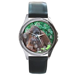 Orangutan Family Round Leather Watch (silver Rim) by AnimalLover