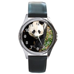 Giant Panda Round Leather Watch (silver Rim) by AnimalLover