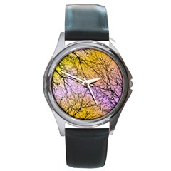 Branches Round Leather Watch (silver Rim)