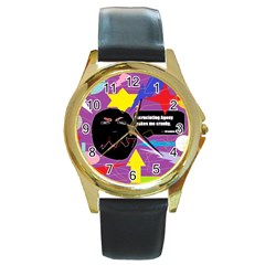 Excruciating Agony Round Leather Watch (gold Rim)  by FunWithFibro