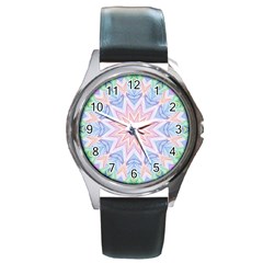 Soft Rainbow Star Mandala Round Leather Watch (silver Rim) by Zandiepants