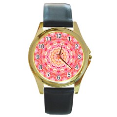 Yellow Pink Romance Round Leather Watch (gold Rim)  by Zandiepants