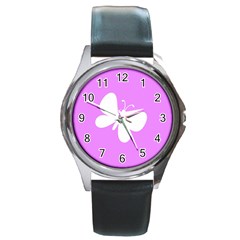 Butterfly Round Leather Watch (silver Rim)