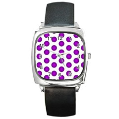 Purple And White Polka Dots Square Leather Watch by Colorfulart23