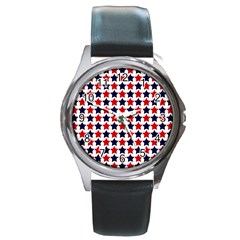 Patriot Stars Round Leather Watch (silver Rim) by StuffOrSomething