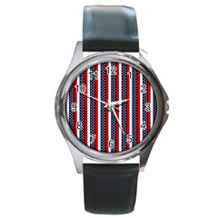 Patriot Stripes Round Leather Watch (silver Rim) by StuffOrSomething