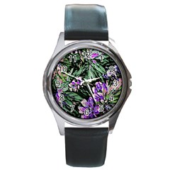 Garden Greens Round Leather Watch (silver Rim)