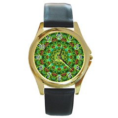 Peacock Feathers Mandala Round Leather Watch (gold Rim) 