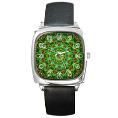 Peacock Feathers Mandala Square Leather Watch by Zandiepants