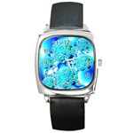 Blue Ice Crystals, Abstract Aqua Azure Cyan Square Metal Watch Front