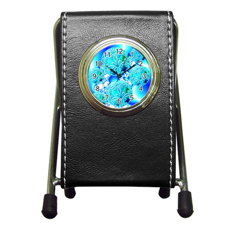 Blue Ice Crystals, Abstract Aqua Azure Cyan Pen Holder Desk Clock