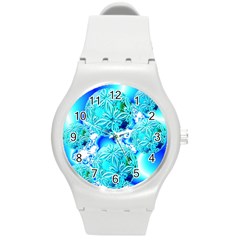 Blue Ice Crystals, Abstract Aqua Azure Cyan Round Plastic Sport Watch Medium by DianeClancy