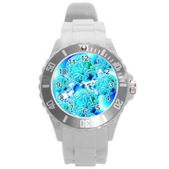 Blue Ice Crystals, Abstract Aqua Azure Cyan Round Plastic Sport Watch Large by DianeClancy