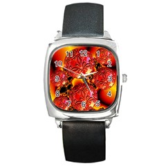  Flame Delights, Abstract Red Orange Square Leather Watch by DianeClancy