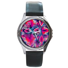 Cosmic Heart Of Fire, Abstract Crystal Palace Round Leather Watch (silver Rim) by DianeClancy