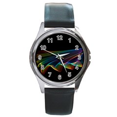  Flowing Fabric Of Rainbow Light, Abstract  Round Leather Watch (silver Rim) by DianeClancy