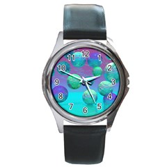 Ocean Dreams, Abstract Aqua Violet Ocean Fantasy Round Leather Watch (silver Rim) by DianeClancy