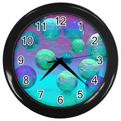 Ocean Dreams, Abstract Aqua Violet Ocean Fantasy Wall Clock (black) by DianeClancy