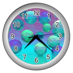 Ocean Dreams, Abstract Aqua Violet Ocean Fantasy Wall Clock (silver) by DianeClancy