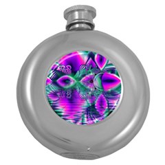  Teal Violet Crystal Palace, Abstract Cosmic Heart Hip Flask (round) by DianeClancy