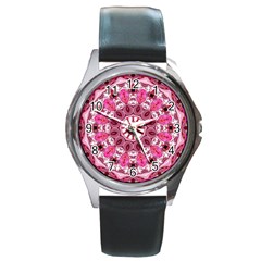 Twirling Pink, Abstract Candy Lace Jewels Mandala  Round Leather Watch (silver Rim) by DianeClancy