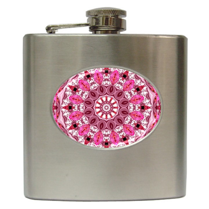 Twirling Pink, Abstract Candy Lace Jewels Mandala  Hip Flask