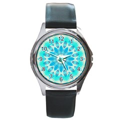 Blue Ice Goddess, Abstract Crystals Of Love Round Leather Watch (silver Rim)