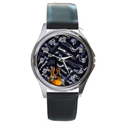 Sound Waves Round Leather Watch (silver Rim)