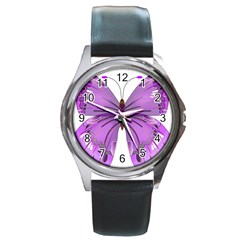 Purple Awareness Butterfly Round Leather Watch (silver Rim) by FunWithFibro